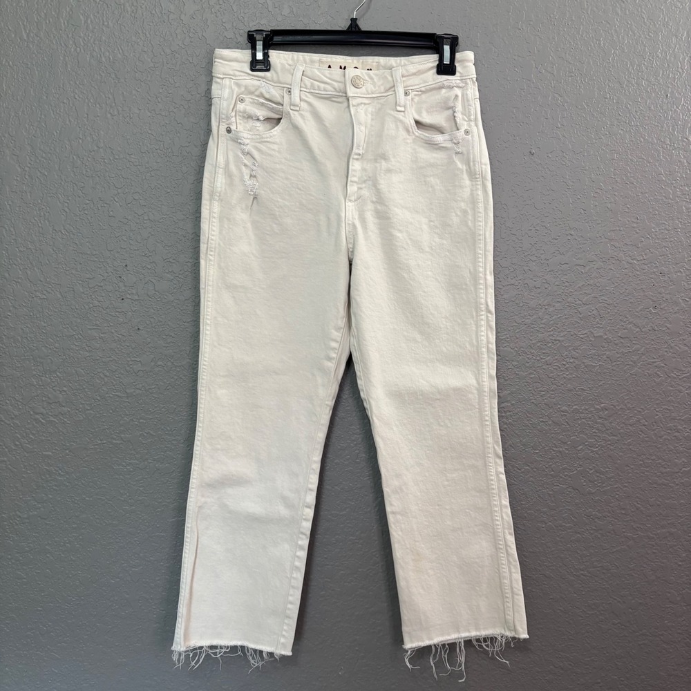 AMO Bella High Rise Crop Straight Jeans White Distressed Raw Hem Women's Size 28